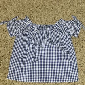 J. Crew Blue and White Gingham Off-Shoulder Tie-Sleeve Top